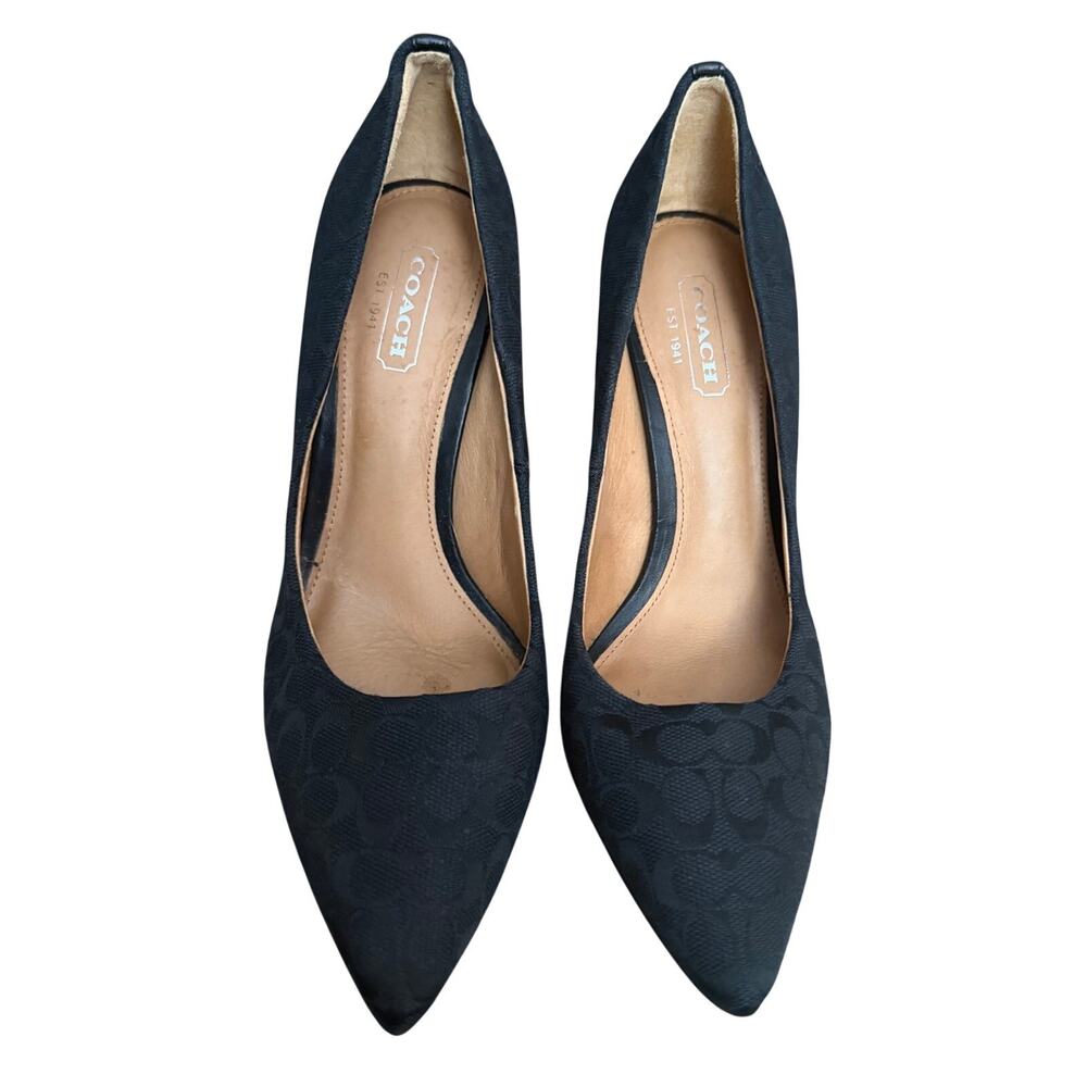 Coach Black Pointed Toe Heels Size 5.5 B Logo Fabric Kitten Heel Women Flaw - Picture 2 of 10